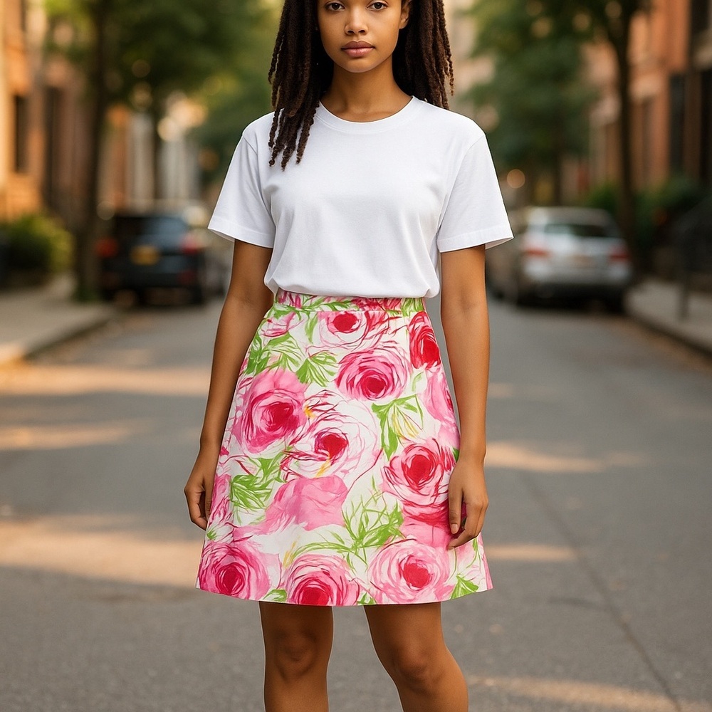 CitySilk Stretch A-Line Floral knee length Skirt w/ RikRak accent sz14‎ EUC!